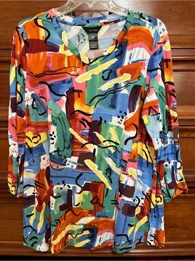Alia Vibrant Abstract Multicolor V-Neck Long Sleeve Top